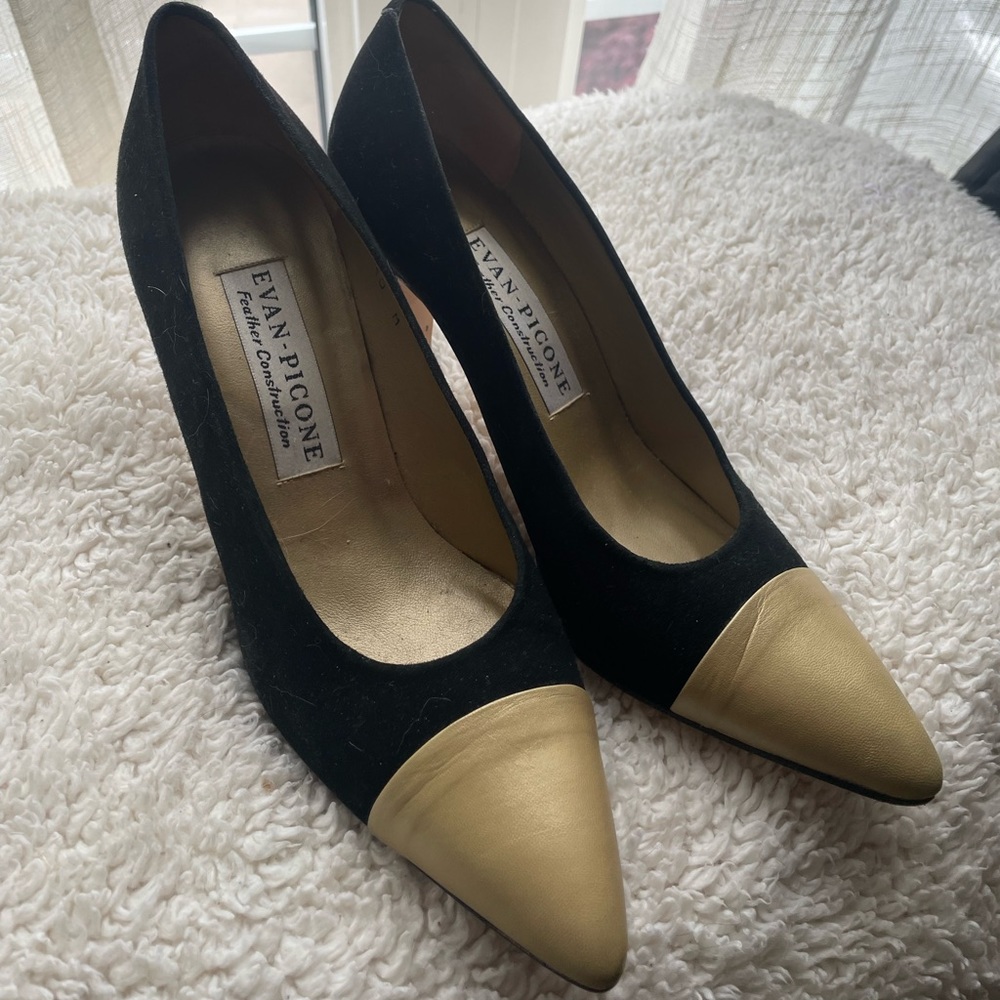 Vintage Evan Picone gold toe pointy black high heels size 10/40